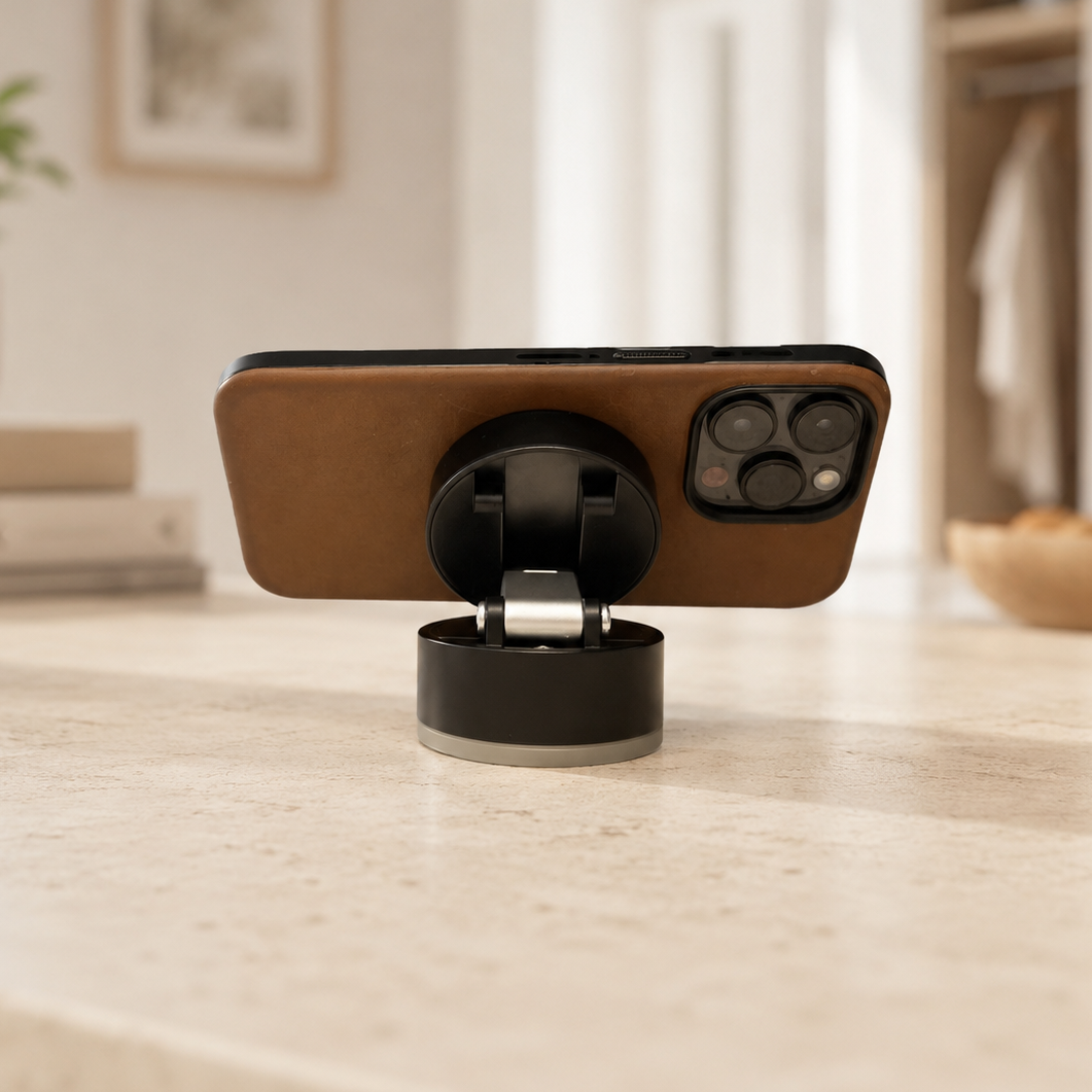 A smartphone in a brown leather case stands on a black magnetic stand on a light stone countertop in a softly blurred indoor room.
